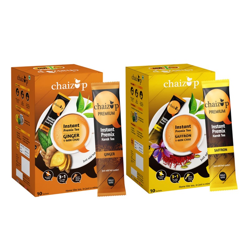 Chaizup Premium 1 Min Instant Assorted Tea Pack - 20 Sachets | Ginger & Saffron Flavours | 20 Servings | 2 Packs (10 Flavours Each) | 280g - Image 1