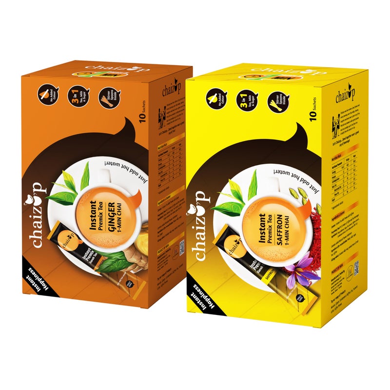 Chaizup Premium 1 Min Instant Assorted Tea Pack - 20 Sachets | Ginger & Saffron Flavours | 20 Servings | 2 Packs (10 Flavours Each) | 280g - Image 3