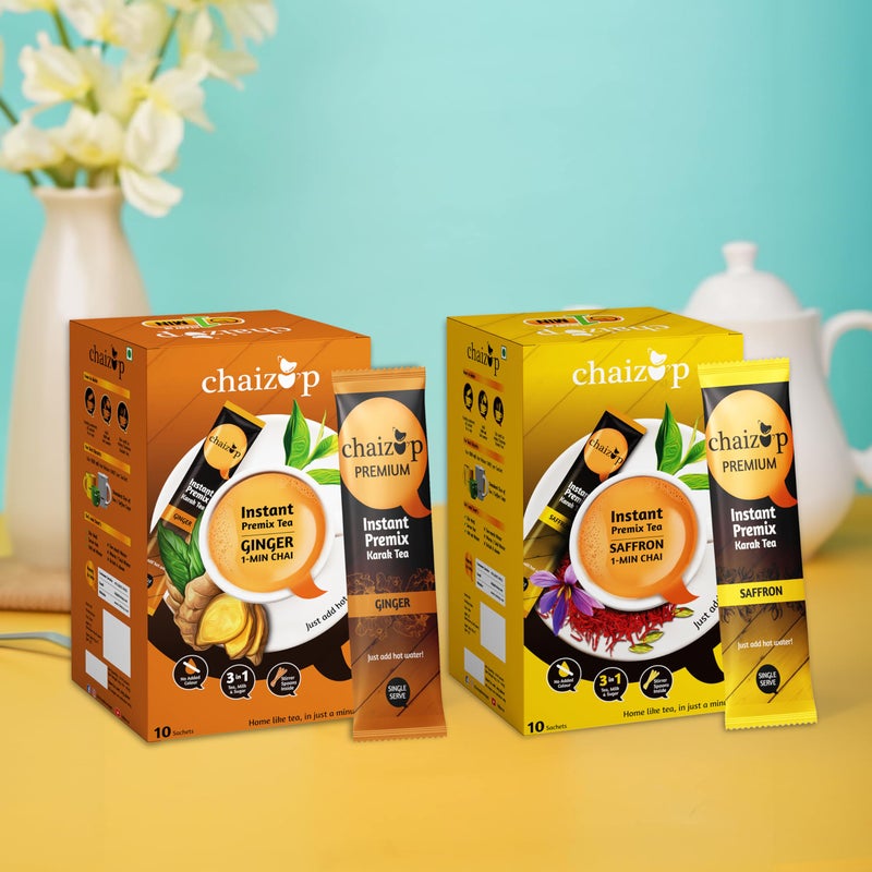 Chaizup Premium 1 Min Instant Assorted Tea Pack - 20 Sachets | Ginger & Saffron Flavours | 20 Servings | 2 Packs (10 Flavours Each) | 280g - Image 4