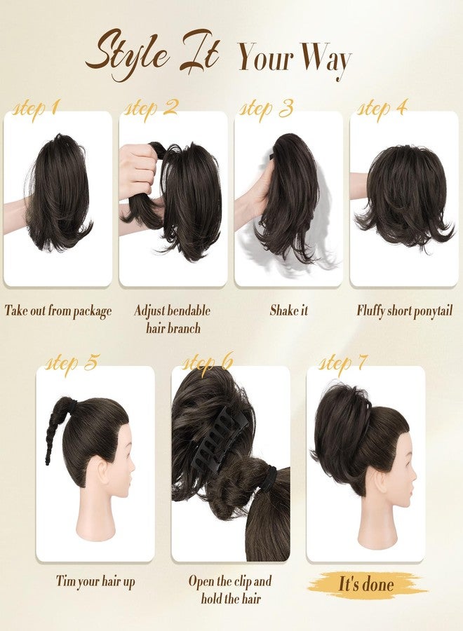 فيشبن وصلات شعر ذيل حصان قصيرة بمشبك من فيشفين - وصلات شعر معدنية مرنة قابلة للثني، بتصميم كعكة فوضوية منفوشة، وصلات شعر صناعية مستقيمة للنساء، أطراف سوداء ورمادية وبيضاء - Image 4