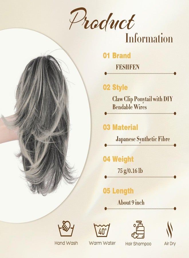 فيشبن وصلات شعر ذيل حصان قصيرة بمشبك من فيشفين - وصلات شعر معدنية مرنة قابلة للثني، بتصميم كعكة فوضوية منفوشة، وصلات شعر صناعية مستقيمة للنساء، أطراف سوداء ورمادية وبيضاء - Image 2