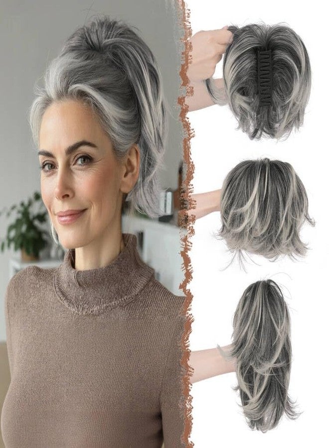 فيشبن وصلات شعر ذيل حصان قصيرة بمشبك من فيشفين - وصلات شعر معدنية مرنة قابلة للثني، بتصميم كعكة فوضوية منفوشة، وصلات شعر صناعية مستقيمة للنساء، أطراف سوداء ورمادية وبيضاء - Image 1