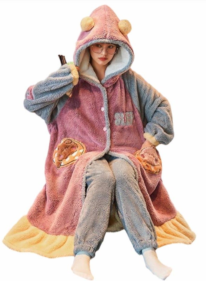 KUYING Velvet and Thickened Nightgown Cute Cartoon Home Fur Set