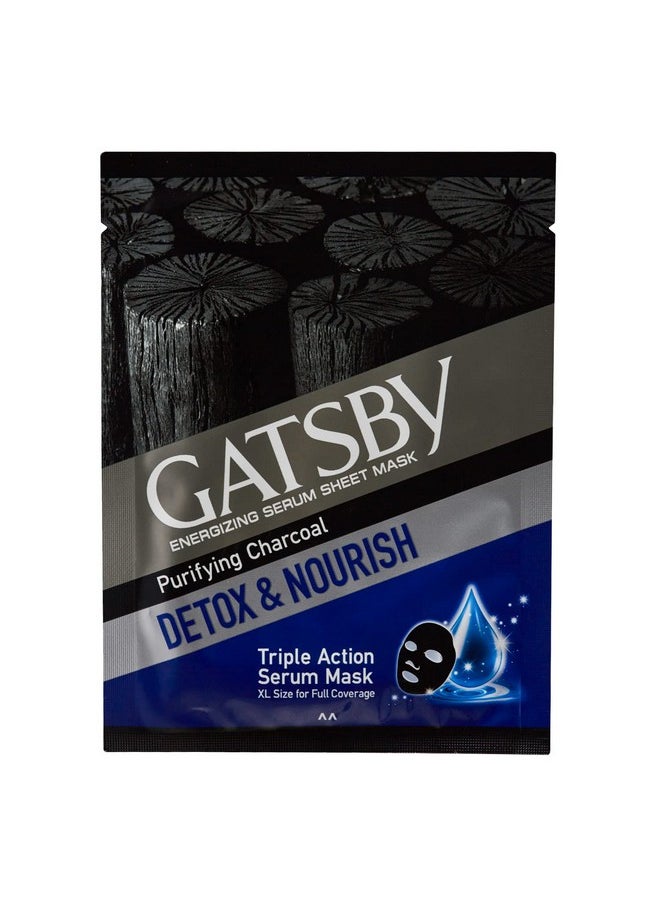 GATSBY - Energizing Serum Sheet Mask Purifying Charcoal Detox & Nourish Activated 100% Natural Bamboo Charcoal Sheet Mask Triple Action Serum Face Mask Xl Size For Full Coverage - Image 1
