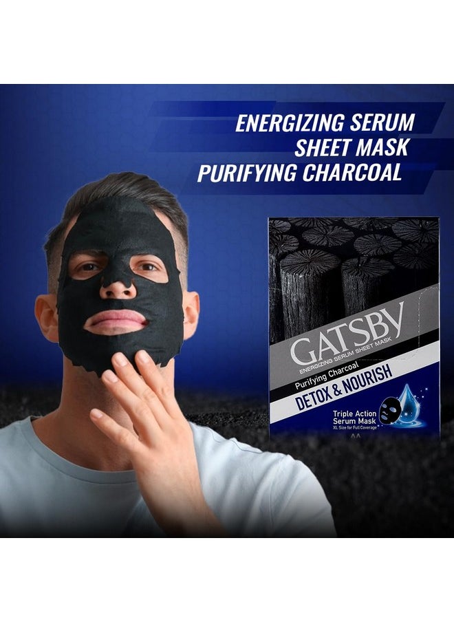 GATSBY - Energizing Serum Sheet Mask Purifying Charcoal Detox & Nourish Activated 100% Natural Bamboo Charcoal Sheet Mask Triple Action Serum Face Mask Xl Size For Full Coverage - Image 1