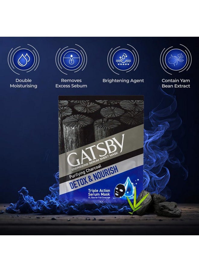 GATSBY - Energizing Serum Sheet Mask Purifying Charcoal Detox & Nourish Activated 100% Natural Bamboo Charcoal Sheet Mask Triple Action Serum Face Mask Xl Size For Full Coverage - Image 1