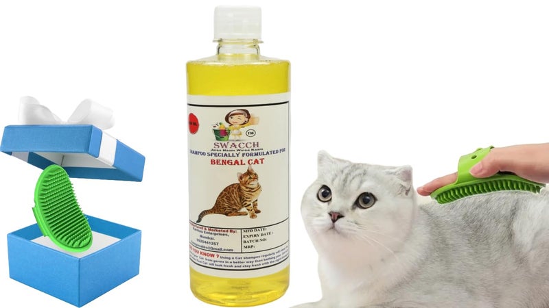 Swacch Bengal Cat Shampoo -500ml (Lemon) + Bath Brush with Adjustable Straps Combo Pack - Image 1