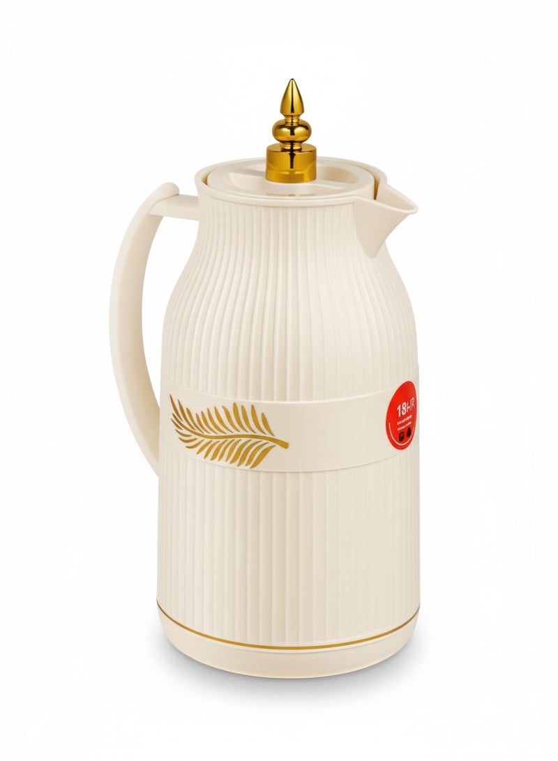 باصرة ترمس شاي وقهوة باصرة – لون بيج لامع بنقش ورقة أنيق – سعة 1 لتر – يحفظ الحرارة 12 ساعة والبرودة 24 ساعة – تصميم عصري ومقبض مريح - Image 4