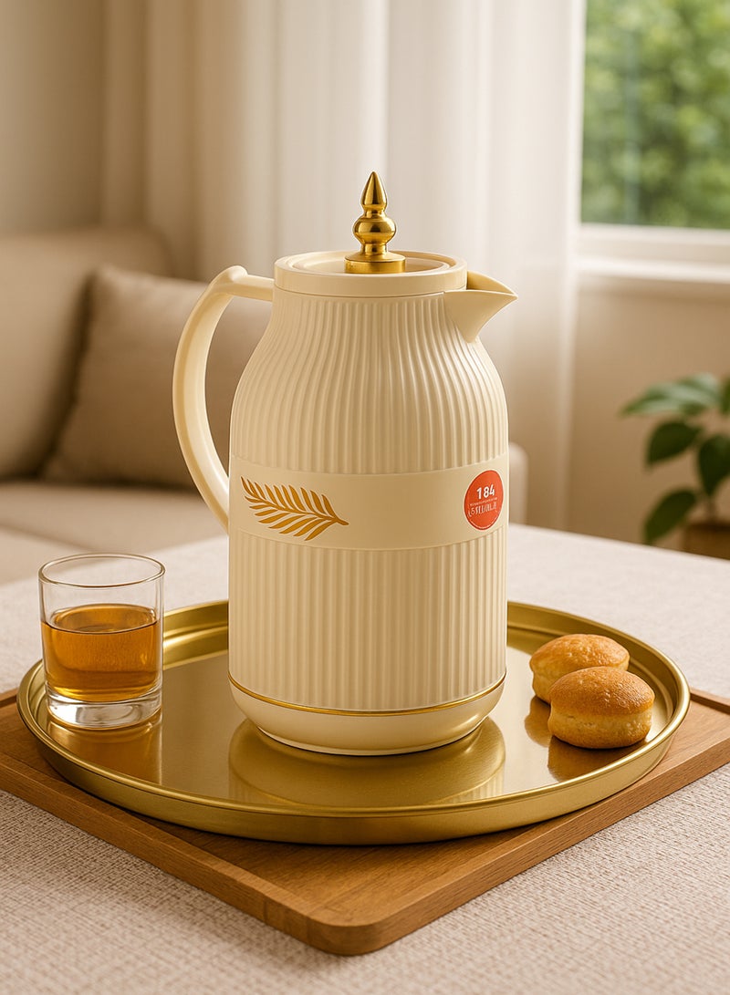 باصرة ترمس شاي وقهوة باصرة – لون بيج لامع بنقش ورقة أنيق – سعة 1 لتر – يحفظ الحرارة 12 ساعة والبرودة 24 ساعة – تصميم عصري ومقبض مريح - Image 1