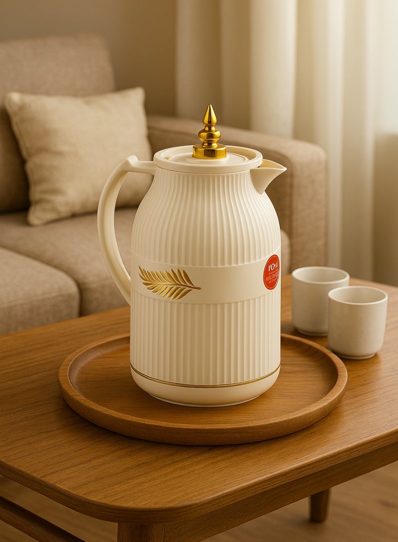 باصرة ترمس شاي وقهوة باصرة – لون بيج لامع بنقش ورقة أنيق – سعة 1 لتر – يحفظ الحرارة 12 ساعة والبرودة 24 ساعة – تصميم عصري ومقبض مريح - Image 3