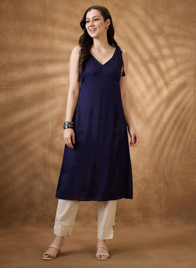 globus Woven Design Tie-Up Neck A-Line Fusion Kurta - Image 1