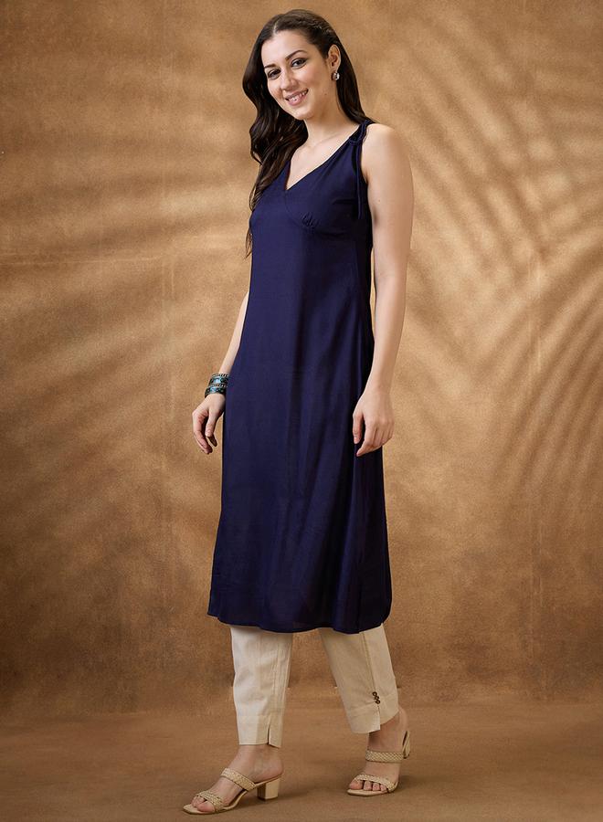 globus Woven Design Tie-Up Neck A-Line Fusion Kurta - Image 2