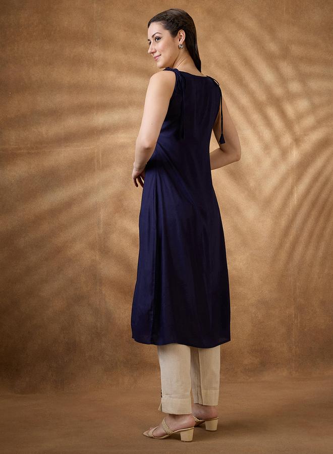 globus Woven Design Tie-Up Neck A-Line Fusion Kurta - Image 3