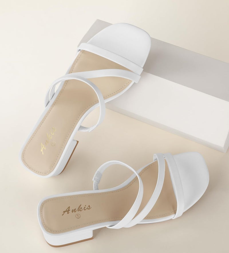 Ankis Women White Heels-Sandals for Women 2025 Strappy Square Open Toe Low 1 Inch Chunky Block Slip on Heeled Sandal Mule - Image 4