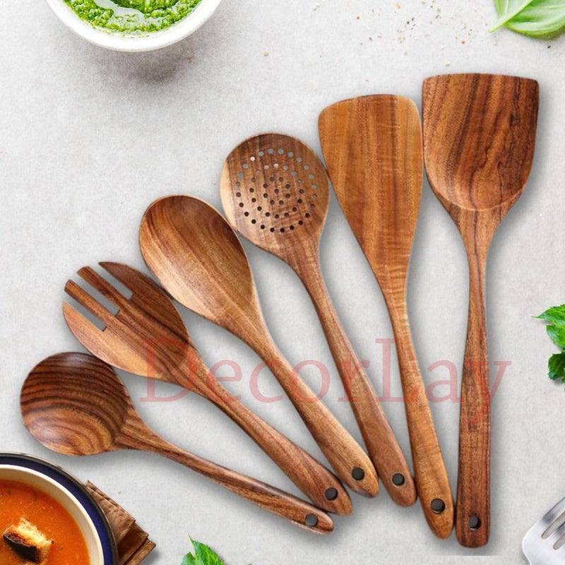 Decorlay Wooden Spoons for Cooking Kitchen Utensils Set Non Stick Spoon Wood Utensil Cooking Spatulas Set Set of 6 - Image 1
