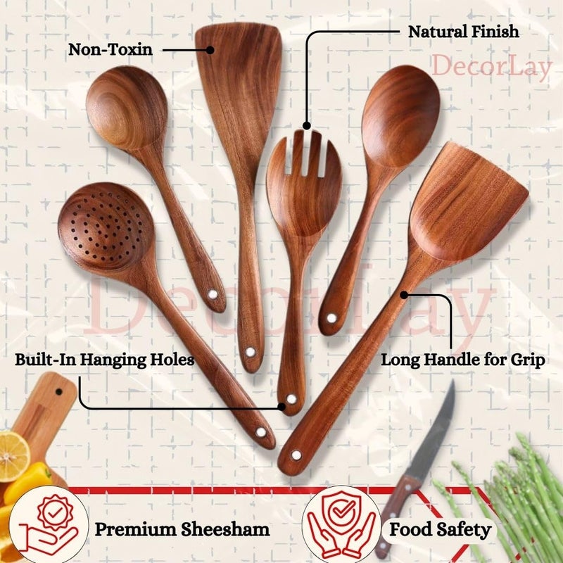 Decorlay Wooden Spoons for Cooking Kitchen Utensils Set Non Stick Spoon Wood Utensil Cooking Spatulas Set Set of 6 - Image 4