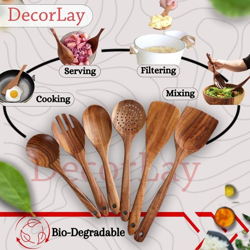 Decorlay Wooden Spoons for Cooking Kitchen Utensils Set Non Stick Spoon Wood Utensil Cooking Spatulas Set Set of 6 - Image 2