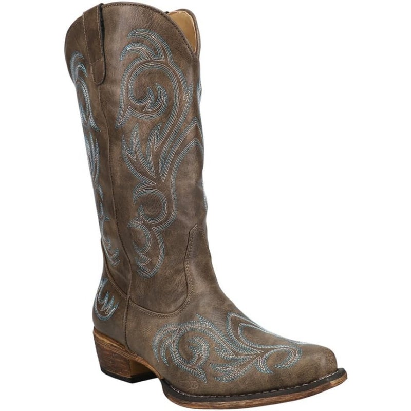 ROPER Riley Round Toe Cowboy Boots for women: genuine leather western boots in brown with intricate stitching and cushioned insole for all-day comfort - Image 2