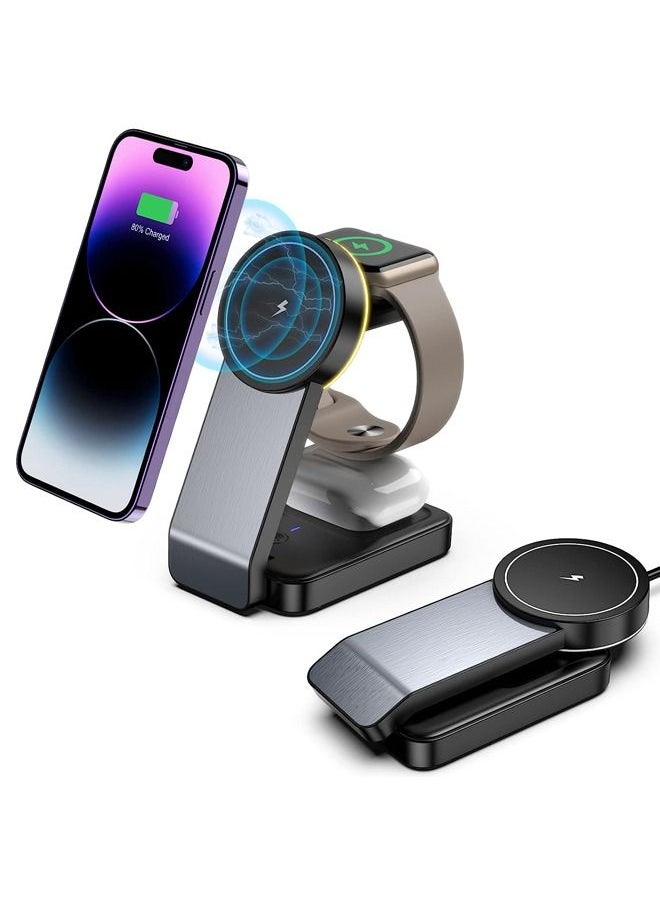 Generic - Magnetic Charging Station,Wireless Charger for Magsafe Charger Stand for iPhone 16/15/14/13/12 Pro Max, Apple Charging Station for iWatch 8/7/6,Foldable 3 in 1 Mag Safe Charger with Light - Image 1