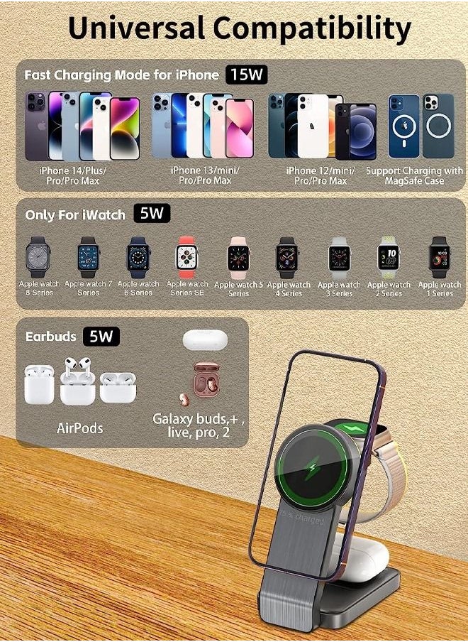 Generic - Magnetic Charging Station,Wireless Charger for Magsafe Charger Stand for iPhone 16/15/14/13/12 Pro Max, Apple Charging Station for iWatch 8/7/6,Foldable 3 in 1 Mag Safe Charger with Light - Image 1