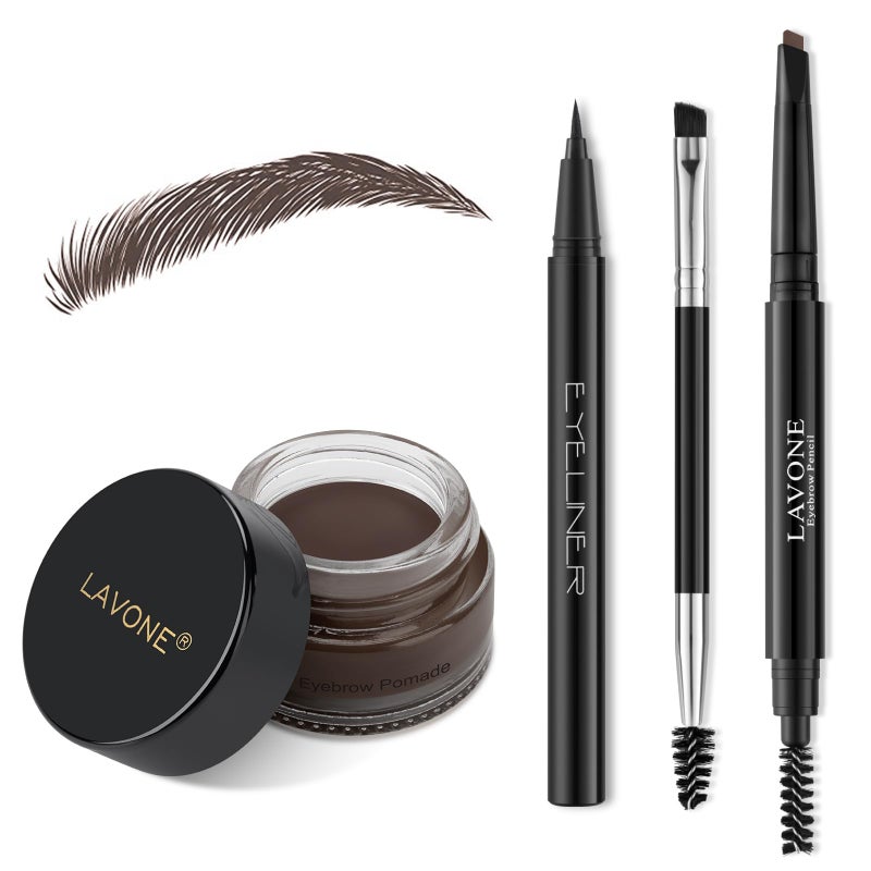 LAVONE Eyebrow Stamp Pencil Kit - Makeup Brow Stamp Trio with Waterproof Eyebrow Pencil, Eyeliner, Pomade, Dual-ended Brush - Dark Coffee - Image 1