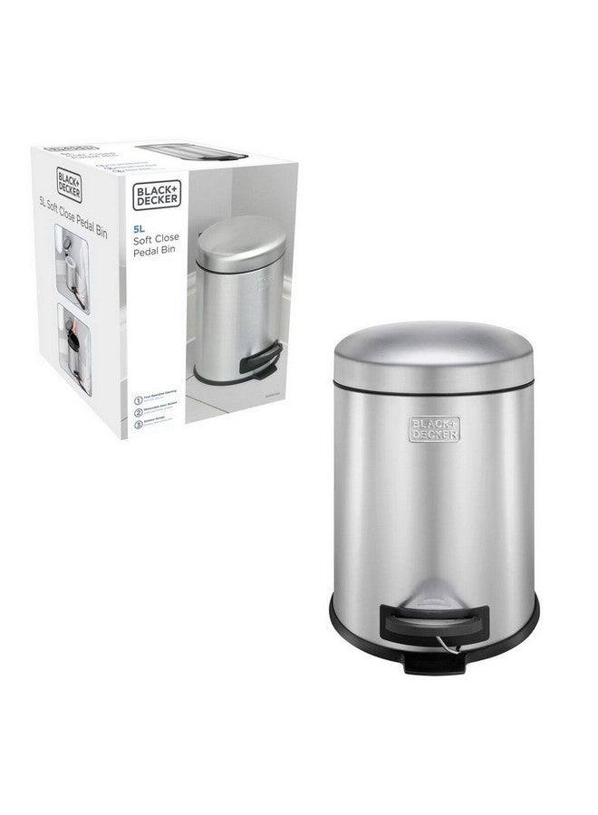 بلاك اند ديكر سلة نفايات قدمية نحيفة بغطاء مغلق بلطف من ستانلس ستيل – فضي وأسود، سعة 5 لترا 61325 - Image 1