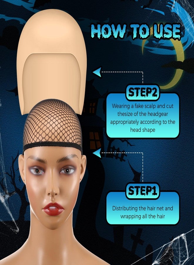 Syhood 2 Pieces Halloween Bald Cap Makeup Latex Bald Hat Head Wig Caps Cosplay Costume for Adults(Medium,Beige) - Image 5