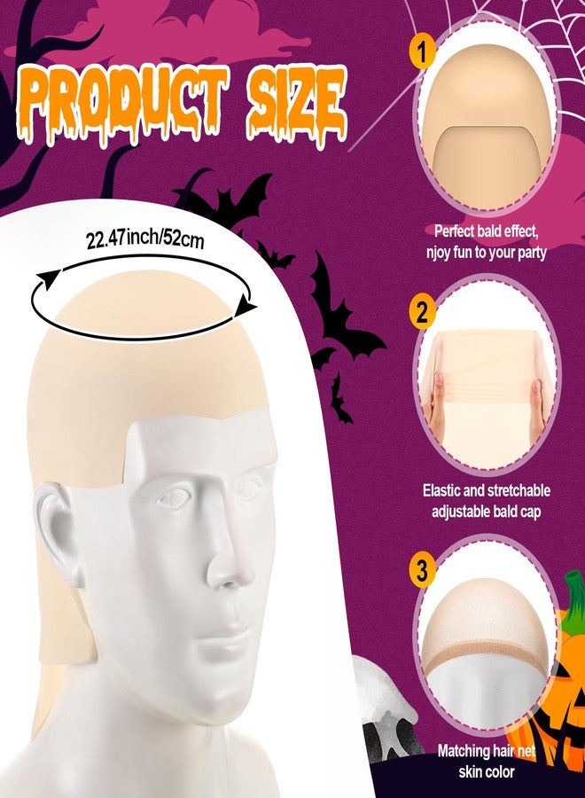 Syhood 2 Pieces Halloween Bald Cap Makeup Latex Bald Hat Head Wig Caps Cosplay Costume for Adults(Medium,Beige) - Image 2