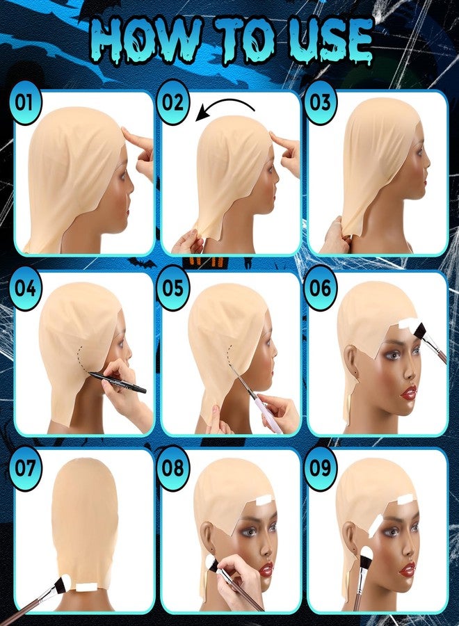 Syhood 2 Pieces Halloween Bald Cap Makeup Latex Bald Hat Head Wig Caps Cosplay Costume for Adults(Medium,Beige) - Image 4