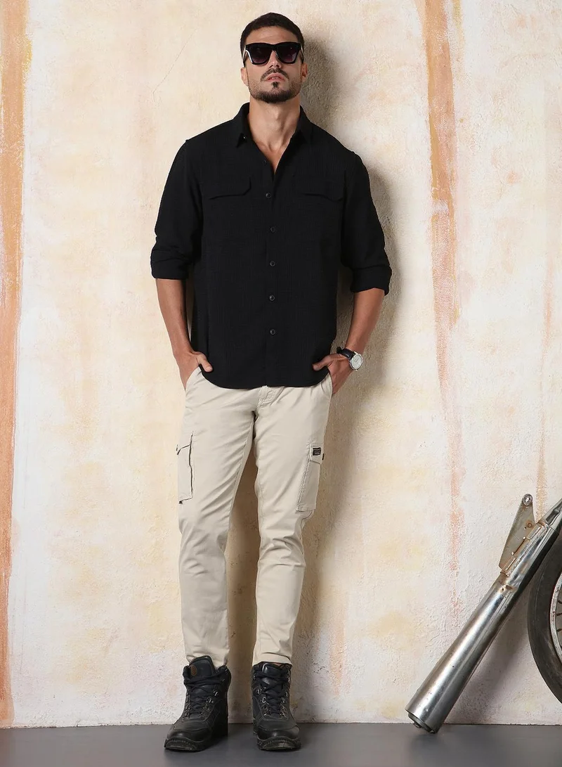 هاي ستار قميص رجالي كاجوال بقصة مريحة وياقة عريضة وجيوب مزدوجة بسحاب