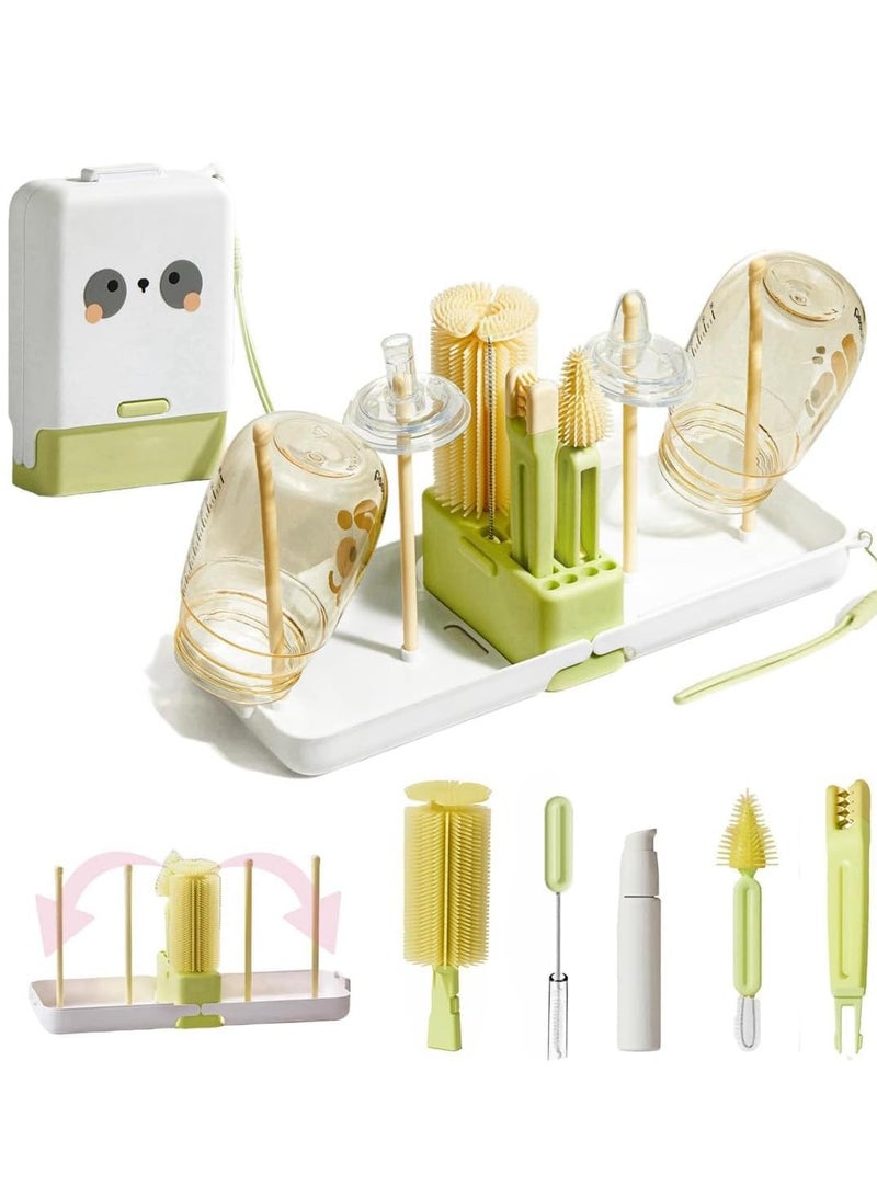 GUDOO مجموعة فرشاة زجاجات الأطفال المحمولة 7 في 1 مجموعة فرشاة تنظيف الزجاجات مع فرشاة زجاجة السيليكون فرشاة تنظيف الحلمة وفرشاة القش ورف تجفيف الزجاجات للسفر المنزلي - Image 1