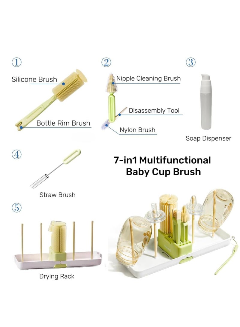 GUDOO مجموعة فرشاة زجاجات الأطفال المحمولة 7 في 1 مجموعة فرشاة تنظيف الزجاجات مع فرشاة زجاجة السيليكون فرشاة تنظيف الحلمة وفرشاة القش ورف تجفيف الزجاجات للسفر المنزلي - Image 2