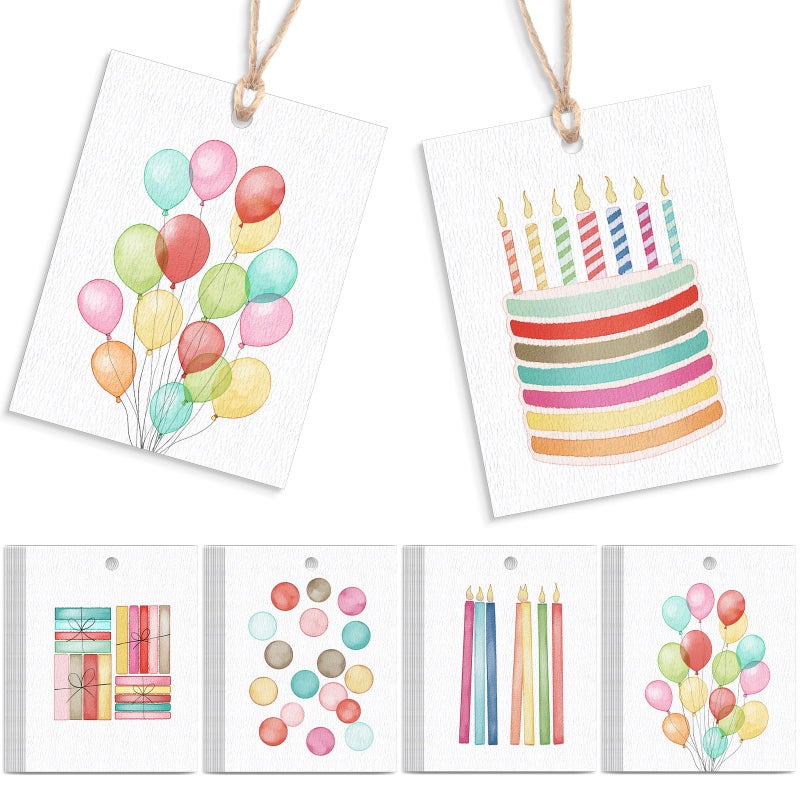 Dunzoom 50 Pcs Colorful Birthday Gift Tags with String Watercolor Birthday Candles Balloon Gift Paper Tags Blank Hanging Present Labels for Parents Party Decor (Classic) - Image 1