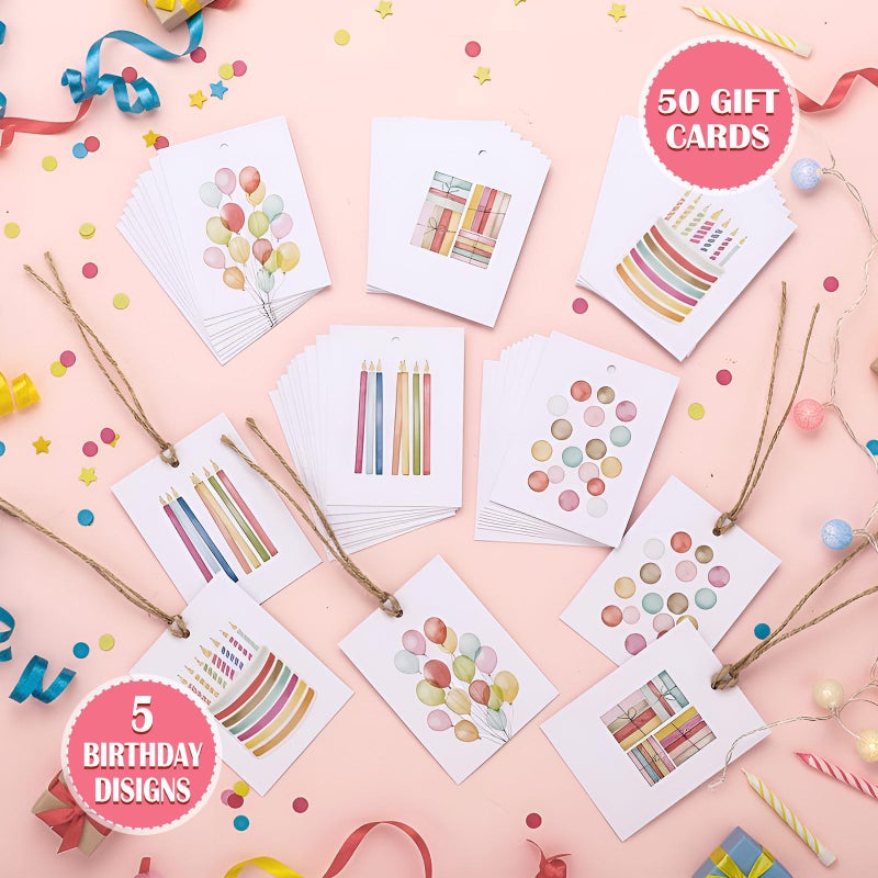 Dunzoom 50 Pcs Colorful Birthday Gift Tags with String Watercolor Birthday Candles Balloon Gift Paper Tags Blank Hanging Present Labels for Parents Party Decor (Classic) - Image 3