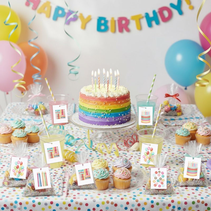 Dunzoom 50 Pcs Colorful Birthday Gift Tags with String Watercolor Birthday Candles Balloon Gift Paper Tags Blank Hanging Present Labels for Parents Party Decor (Classic) - Image 4