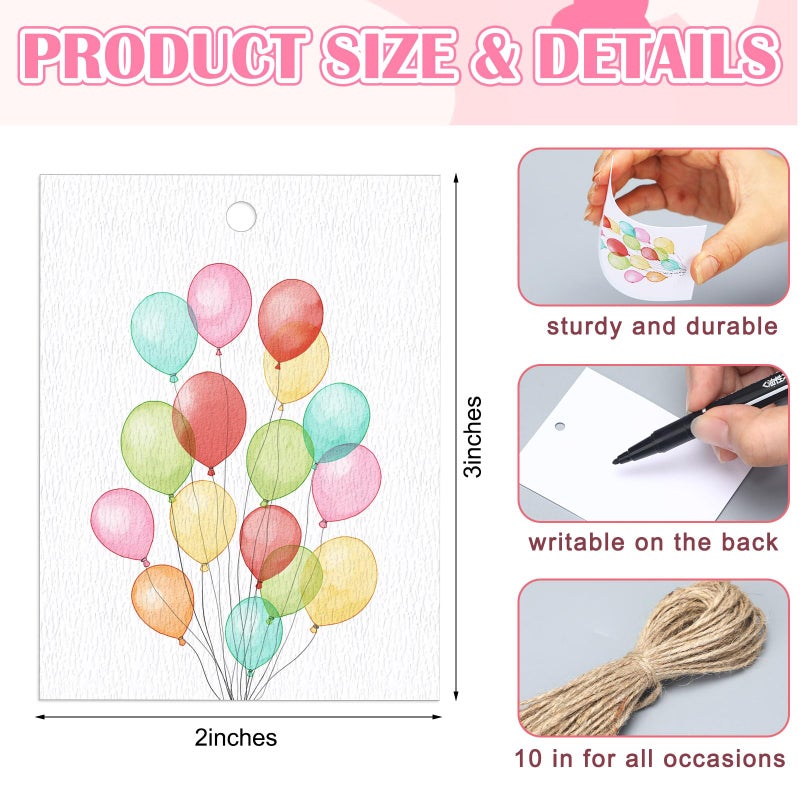 Dunzoom 50 Pcs Colorful Birthday Gift Tags with String Watercolor Birthday Candles Balloon Gift Paper Tags Blank Hanging Present Labels for Parents Party Decor (Classic) - Image 2