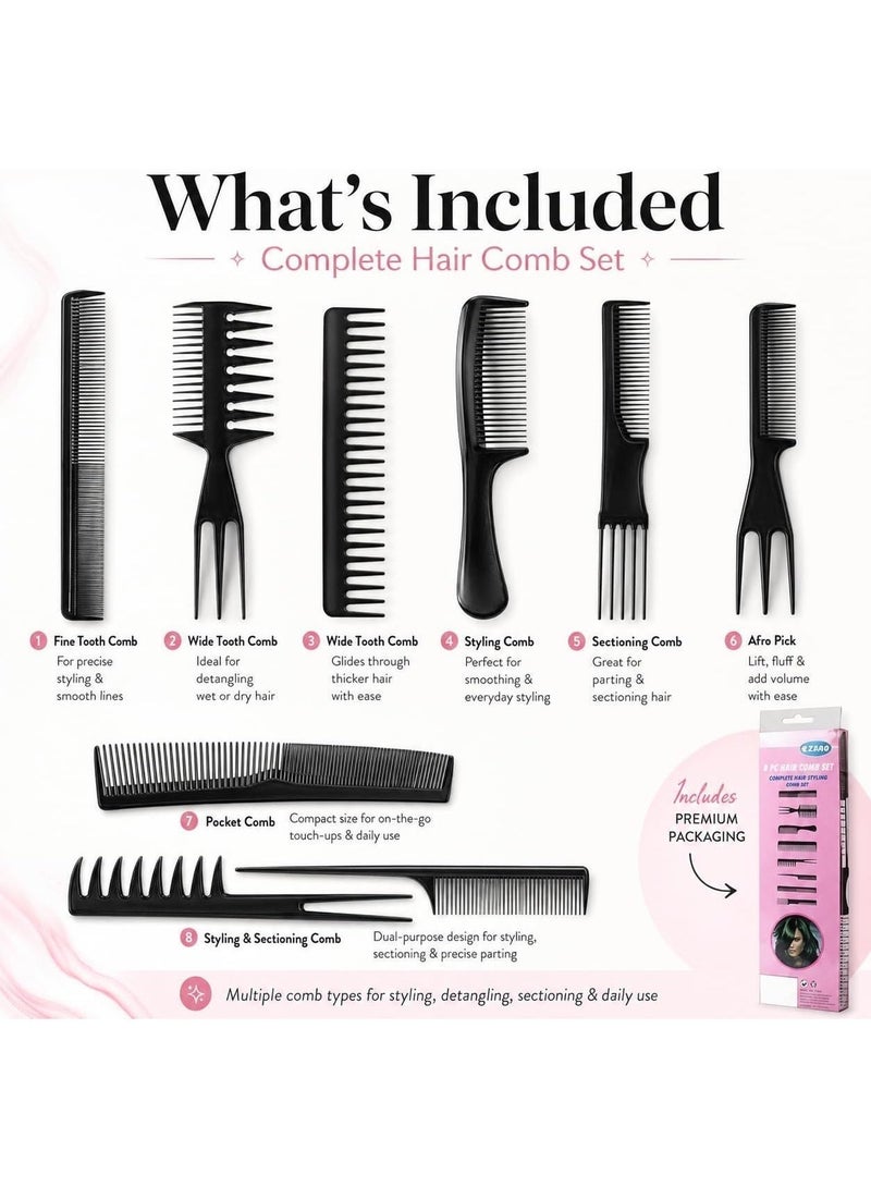 Bonita 8-Piece Hair Comb Set for Everyday Styling – Lightweight, Durable, Multi-Purpose Combs for Detangling, Sectioning, Cutting, Trimming, and Salon or Home Use (Random Color) - Image 1