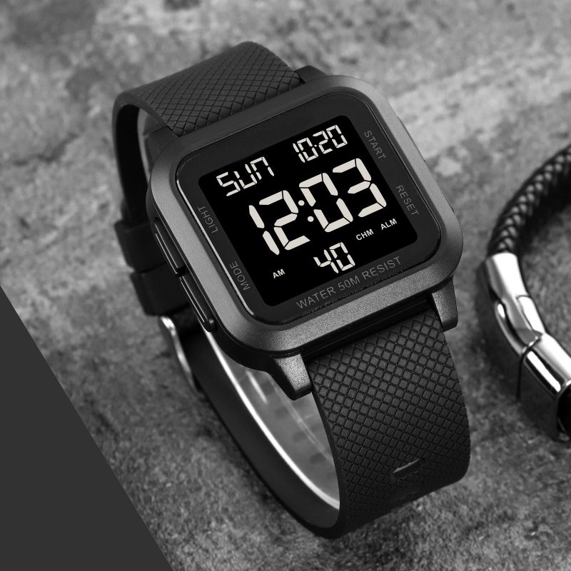 Unisex Digital Watch, Waterproof LED Electronic Wrist Watch for Men and Women, Square Face with Big Numbers, Alarm, Stopwatch, Countdown Timer, Dual Time, 12/24H Format, Black - Image 2