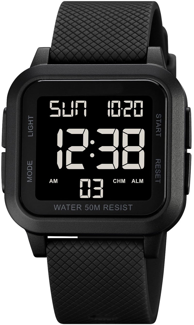 Unisex Digital Watch, Waterproof LED Electronic Wrist Watch for Men and Women, Square Face with Big Numbers, Alarm, Stopwatch, Countdown Timer, Dual Time, 12/24H Format, Black - Image 1