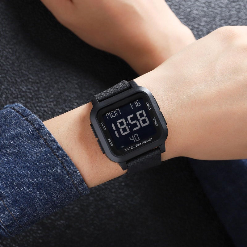 Unisex Digital Watch, Waterproof LED Electronic Wrist Watch for Men and Women, Square Face with Big Numbers, Alarm, Stopwatch, Countdown Timer, Dual Time, 12/24H Format, Black - Image 3
