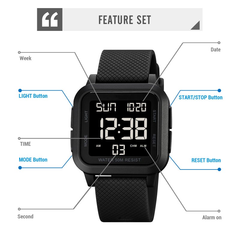 Unisex Digital Watch, Waterproof LED Electronic Wrist Watch for Men and Women, Square Face with Big Numbers, Alarm, Stopwatch, Countdown Timer, Dual Time, 12/24H Format, Black - Image 5