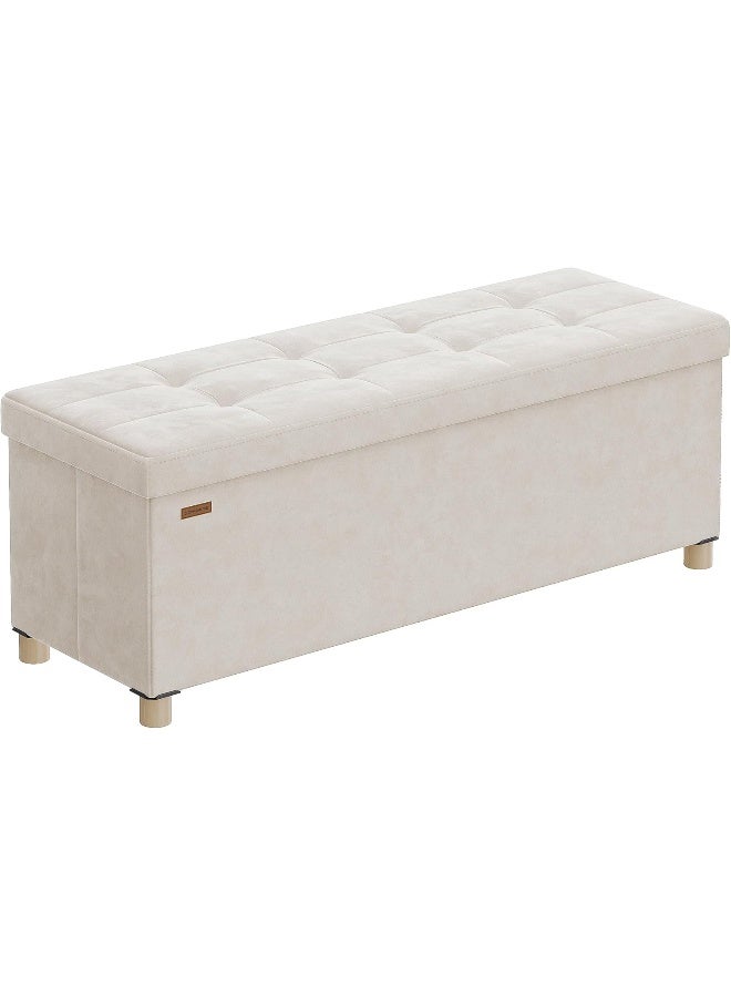 Storage Ottoman Bench, Folding Storage Chest, 15 x 43.3 x 15.7 Inches, Foot Rest Stool, 30 Gal. (112 L), Velvet Surface, for Bedroom, Entryway, Living Room, Cappuccino Beige