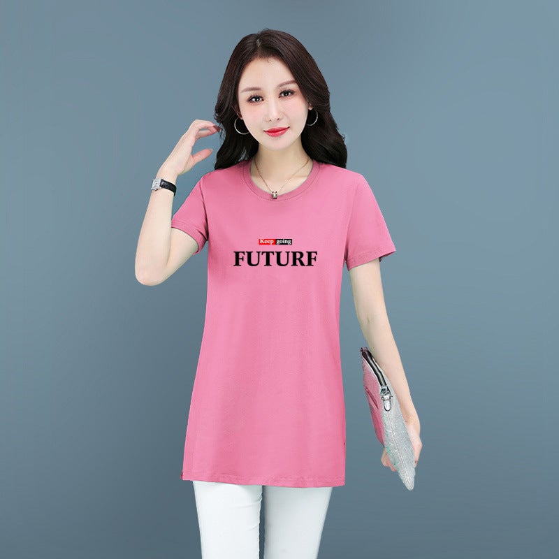 Middle-Aged Mom'S Pure Cotton Stretch Casual Short-Sleeved Mid-Length T-Shirt Women'S Summer Thin Round Neck Loose Meat Covering T-Shirt - Image 1