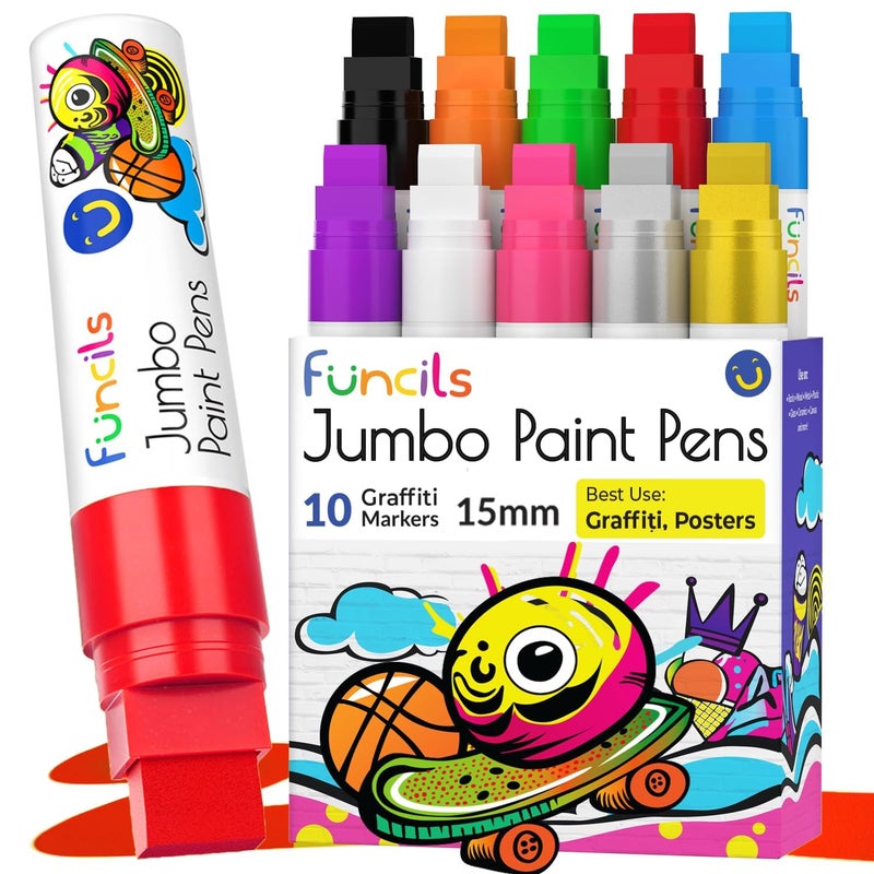 Funcils 10 Jumbo Acrylic Paint Markers - 15mm Fat Acrylic Paint Pens for Canvas, Rock Painting, Wood, Plastic, Glass - Large Thick Permanent Pens for Signs, Board, Calligraphy, Poster Markers - Image 1