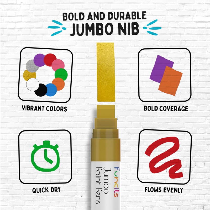 Funcils 10 Jumbo Acrylic Paint Markers - 15mm Fat Acrylic Paint Pens for Canvas, Rock Painting, Wood, Plastic, Glass - Large Thick Permanent Pens for Signs, Board, Calligraphy, Poster Markers - Image 4
