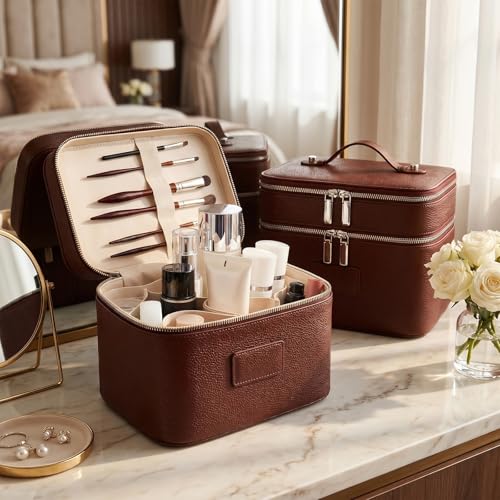 idoltimes Makeup Case, Large Capacity Leather Makeup Bag for Women,Large Capacity Waterproof Double Leather Cosmetic Case,Removable Compartment Travel Organizer - Image 5