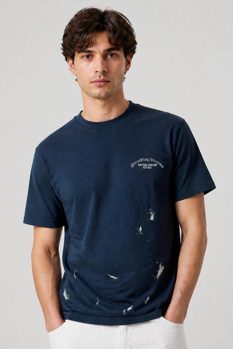 GOOD FOR NOTHING Men Crew Neck Short Sleeve Embroidered Logo T-Shirt, Washed Navy - Image 1