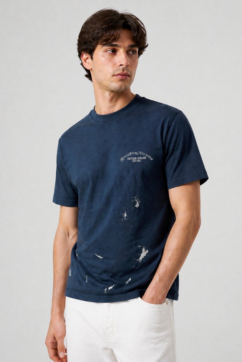 GOOD FOR NOTHING Men Crew Neck Short Sleeve Embroidered Logo T-Shirt, Washed Navy - Image 5