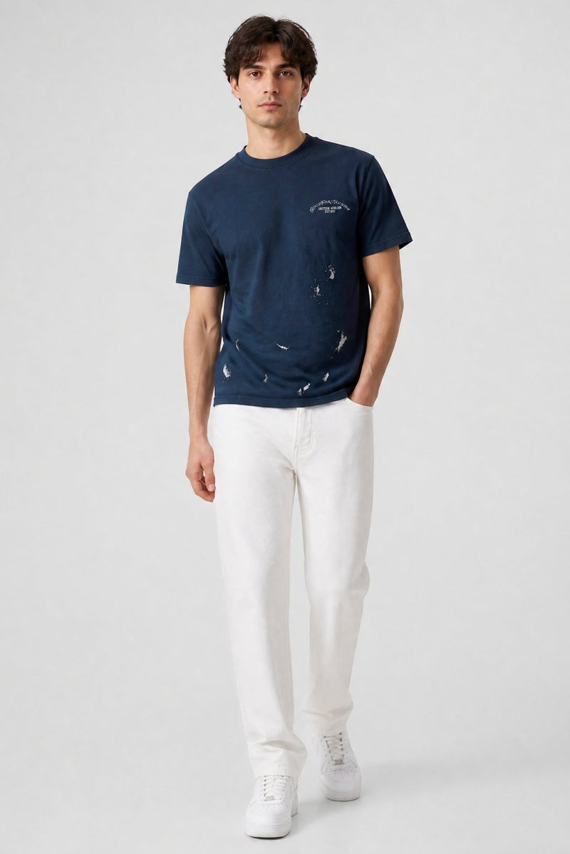 GOOD FOR NOTHING Men Crew Neck Short Sleeve Embroidered Logo T-Shirt, Washed Navy - Image 4