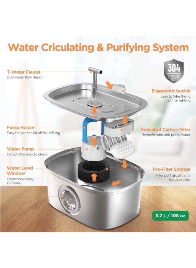 بوانيرت نافورة مياه للقطط مصنوعة من الفولاذ المقاوم للصدأ: موزع مياه أوتوماتيكي للحيوانات الأليفة سعة 3.2 لتر مع نافذة لمستوى المياه - للقطط بالداخل - Image 2